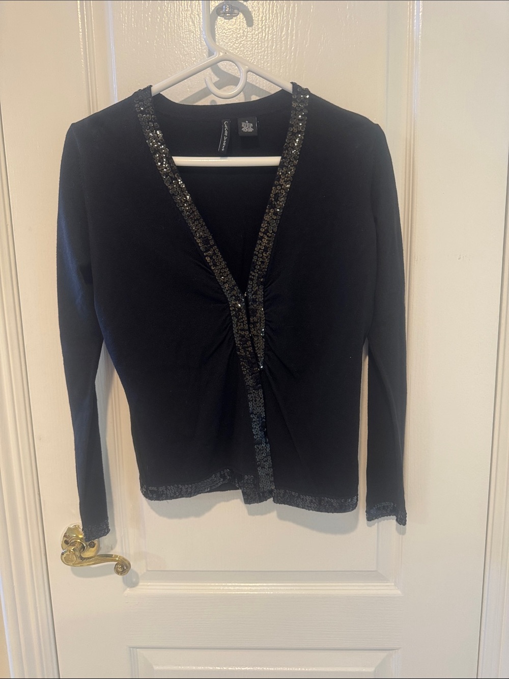 cha cha vente Black Sequin-Trim V-Neck Cardigan